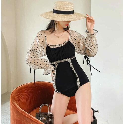 Swimsuit Woman Korean Sexy Polka Dot Print Square Collar Pleated Lace Holiday Hot Spring High Waist Temperament Swimwear Bikini