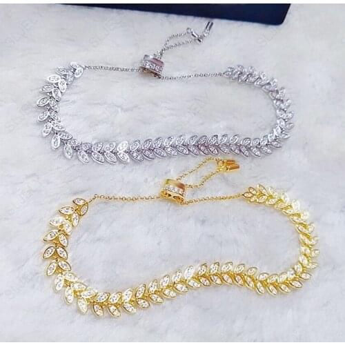 SLJELY Luxury Pure 925 Sterling Silver Yellow Gold Color Palm Leaf Adjustable Bracelet Paved Zircon CZ Stones Women Jewelry