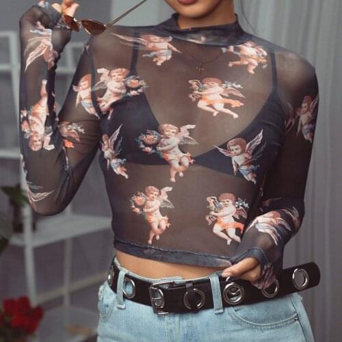 Women Angel Print Sheer Mesh Crop Top Long Sleeve High Neck See-through Tops 2020 New Fashion