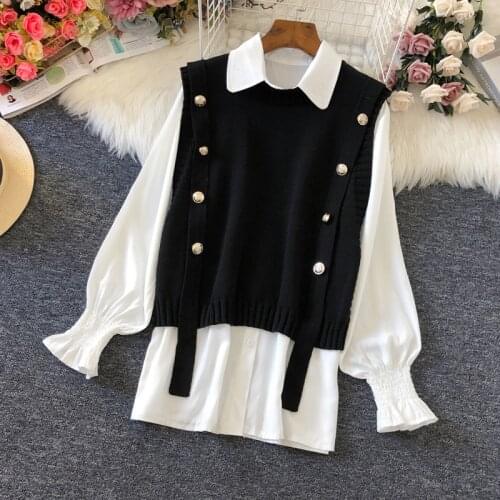 WWENN Two Piece Knitted Sweater Vest Women Plus Size Pullover Fashion Sleeveless O-Neck Korean Female Waistcoat Sweater Short