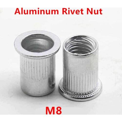 200pcs M8 Auminum Rivet Nuts Knurled Nuts Rivnut Flat Head Threaded Rivet Insert Nutsert Cap Rivet Nut