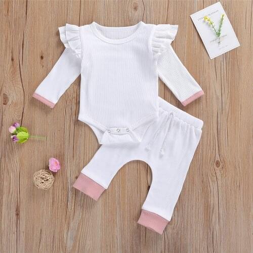 Fall Baby Clothing Girls 2 Pieces Outfit Newborn Knit Ruffle Long Sleeve Solid Color Romper Pants Clothes Suit 0-24 Months