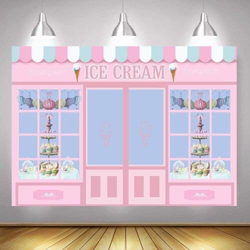Ice Cream Photography Backdrop Cute Pink Photo Studio Parlor Door Window Cake Princess Birthday Party Banner Vinyl Background