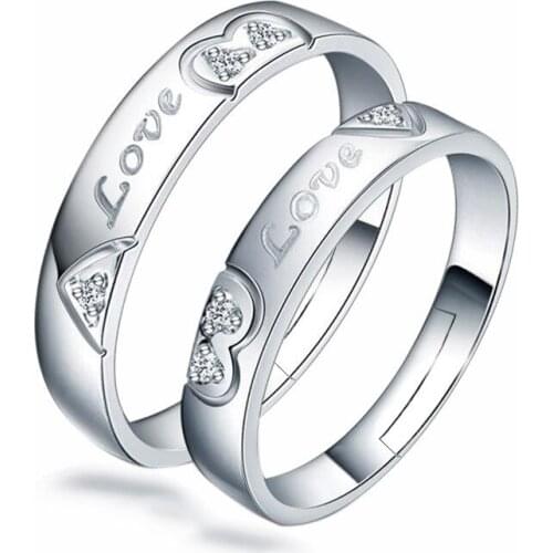 100% 925 sterling silver fashion shiny crystal heart lovers`rings adjustable finger ring jewelry anniversary gift drop shipping