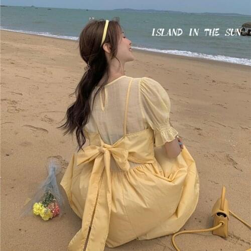 Summer Korean 2021 new design sense fake two-piece bowknot waist and thin mid-length short-sleeved dress women