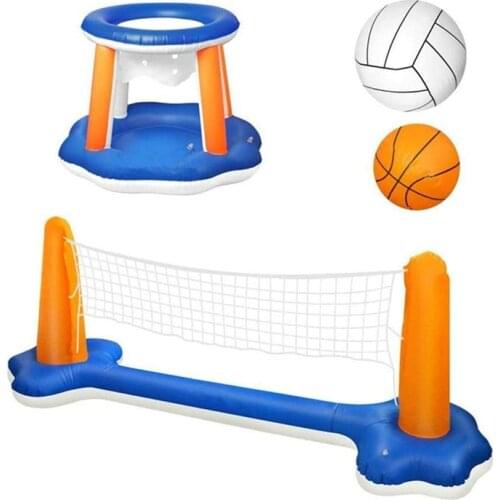 Inflatable Pool Float Set Floating Volleyball Net with Basketball Hoop and Adjustable Net and 2 Balls Volleyball Court