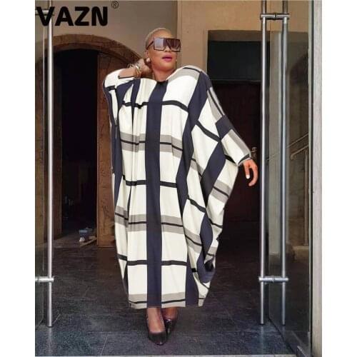 VAZN 2020 Hot Novelty High-end Classic Black White Plaid Sexy Free Full Batwing Sleeve Free Women Nature Loose Maxi Dress