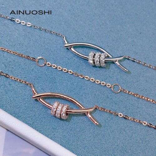 AINUOSHI 18K Gold Round Cut 0.20ct Real Diamond Fish-shape O-chain Necklace Romantic Style Jewelry For Engagement Gift 18