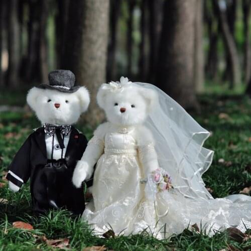 A pair Full joint movable teddy bear plush toy stuffed animals White Wedding dress dolls Collection gifts Valentine Wedding gift