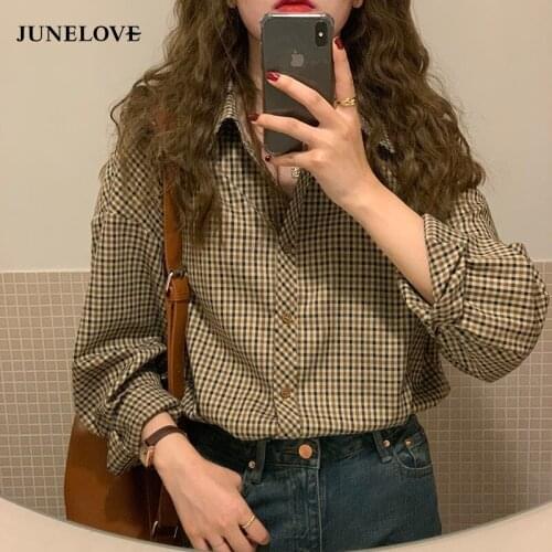 JuneLove Plaid Shirts Women Elegant Basic Classic Turn Down Collar Retro Loose Office Lady Korean Long Sleeve Blouse Femme Tops