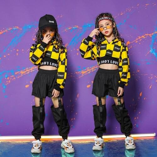 Modern Girls outfits Hip hop Girls Hoodies Plaid Sweatshirt Kids Button Ribbon Splice pants Jazz Show Stage Girls dance costume