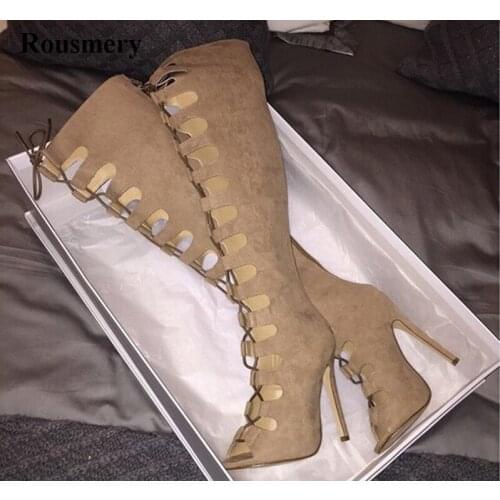 Women Fashion Open Toe Suede Leather Knee High Gladiator Boots Cut-out Lace-up Beige Long High Heel Boots Dress Shoes