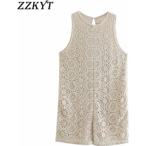 ZZKYT 2021 Women Summer Fashion Sweet Solid Knitted Crochet Playsuits Vintage O-Neck Sleeveless Female Short Jumpsuit Mujer