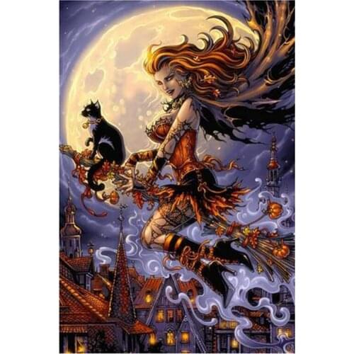 5D Diy Full Round/Square Diamond Painting “Broom Witch" 3D Embroidery Cross Stitch Rhinestone Mosaic Home Decor Gift Yc186