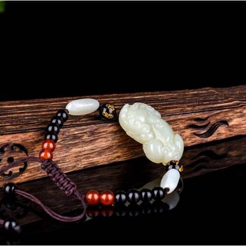 Natural hetian jade hand carved brave troops bracelets jade beads obsidian for couples beads bracelet with jade bracelet