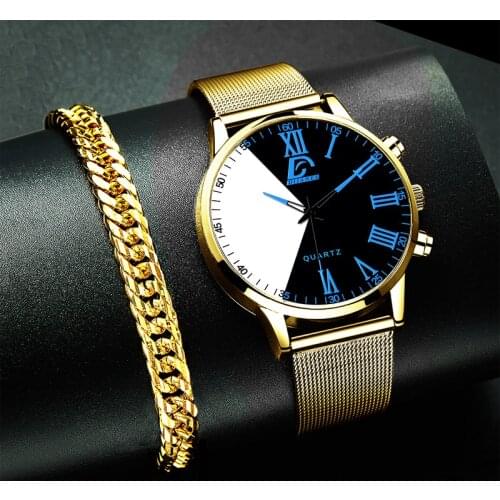 Fashion Mens Minimalist Creative Two-color Splicing Watches Men Business Stainless Steel Mesh Belt Bracelet Quartz Wrist Watch