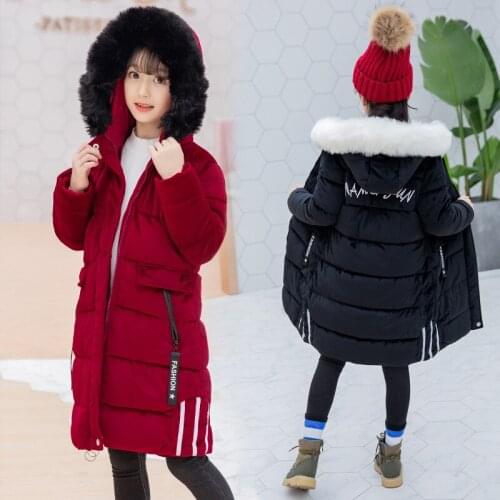 Childrens Cotton Winter Jacket For Girls Kids Warm Cotton-padded Long Jacket Park Teenage Boys Coat Faux Fur Hoodies Outerwear