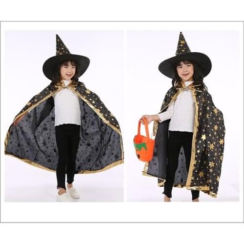 Childrens' Halloween Costume Wizard Magician Witch Cloak Hat Suit Caster Halloween Cosplay Masquerade Party Performance For Kids