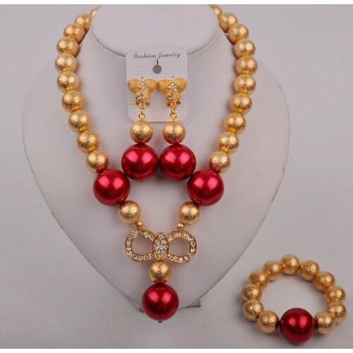 Elegant Dubai Gold Color Wine Nigerian Pearl Beads Necklaces Earrings Bracelet Bridal Wedding African Jewelry Sets For Women