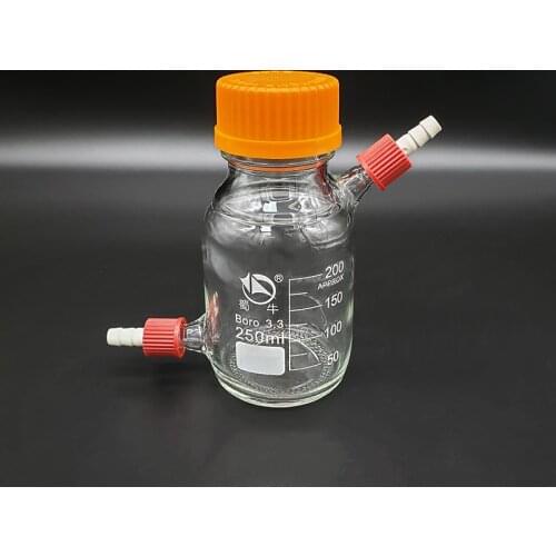 Reagent bottle,With yellow screw cover,upper and lower detachable small nozzle GL14mm,Borosilicate glass,250ml,Plastic Lid