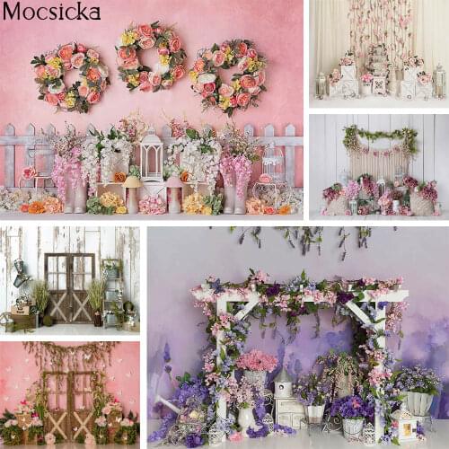 MOCSICKA 1st Birthday Photography Backdrops Pink Flower Wall Newborn Baby Kids Birthday Photo Props Studio Booth Background