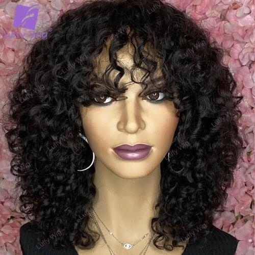Short Curly Wig With Bangs Brazilian Remy Human Hair Machine Wig Glueless 200% Density Natural Hair For Black Women Luffywig