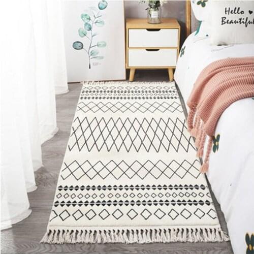 Morocco Style Carpet Kilim For Home Living Room Bedroom Bedside Rug Thick Tassel Carpet Black White Geometric Plaid Flurry Rug