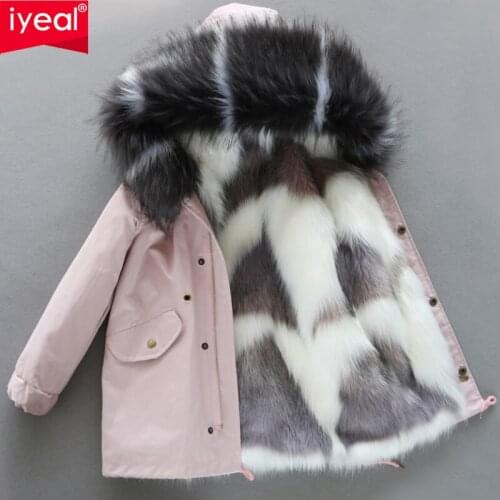 IYEAL Fashion Winter Warm Jacket Coats Children Girls Boys Hooded Faux Big Fox Fur Collar Loose Long Parka Outerwear 1-12 Years