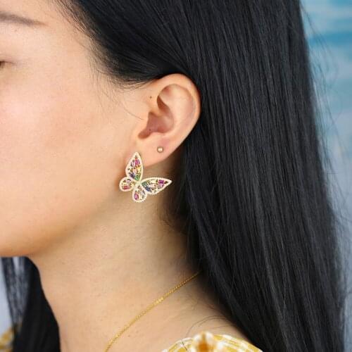 Fashion Women wedding Jewelry Gold Filled baguette pink rainbow cz paved Beautiful Butterfly stud earrings for wedding earring