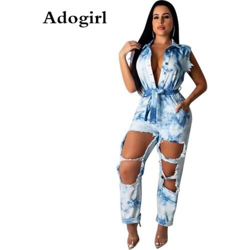 Adogirl Fashion Sexy Holes Jeans Jumpsuit Women Overalls Buttons Pockets Sleeveless Soft Loose Casual Denim Romper Streetwear