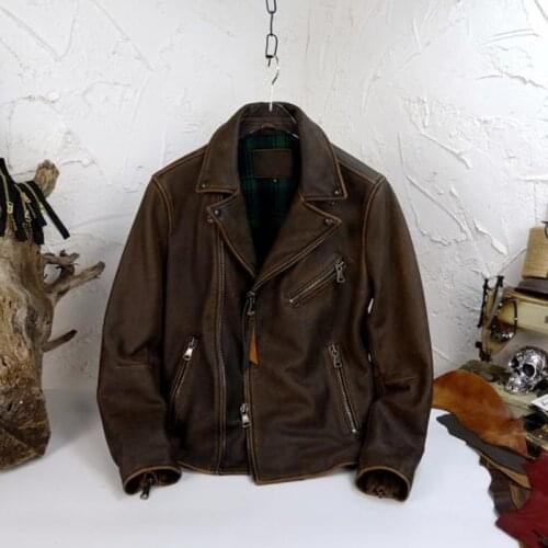 2020 Retro Brown American Men Short Bikers Leaher Jacket Large Size 3XL Genuine Cowhide Autumn Slim Fit Motorcycle Leather Coat