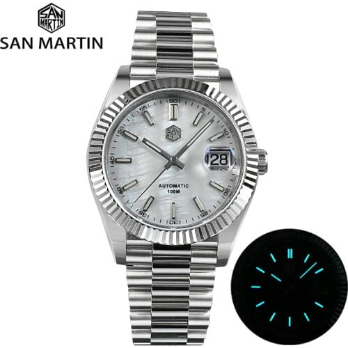 San Martin Men Watch 40mm Vintage MOP Dial Retro Business Luxury Sapphire Automatic Mechanical Watches Carving Bezel 10Bar