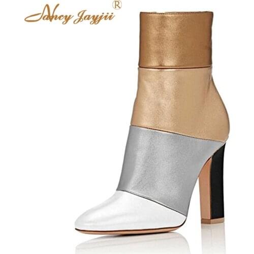Retro Silver Supperstar Womens Leather High Square Heel Handmade Mid-Calf Boots Side Zipper Autumn Casual Shoes Zapato Mujeres