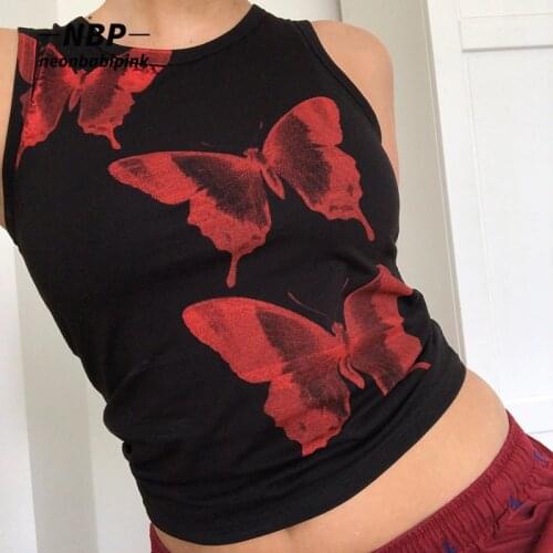 NEONBABIPINK Fairy Grunge Graphic Tank Top 90s Aesthetic Dark Butterfly Print Tshirts Trendy Crop Tops Women 2021 N84-BZ10