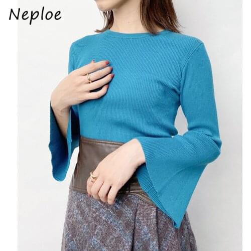 Neploe 2021 Autumn New Japan Style Pullovers Elegant All-match Slim Fit Flare Sleeve Tops Candy Color Knitted Sweaters Women