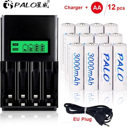 PALO 12pcs rechargeable battery AA with LCD charger for aa aaa ni-mh ni-cd 1.2v battery rechargeable