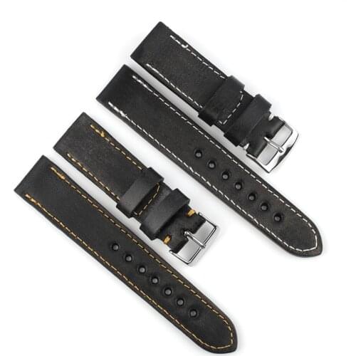 Calfskin Leather Watchband 22mm Black Color Vintage Watch Strap Handmade Stitching for Men Watch Accessories