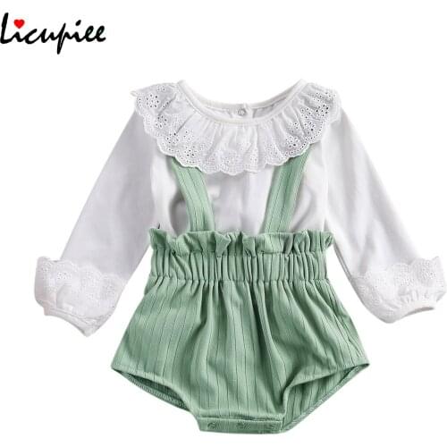 Baby Girl Sweet Long Sleeve + Shorts with Suspenders, Elastic Waist Lotus Leaf Decoration Cute Style Spring Clothing 0-24 Months