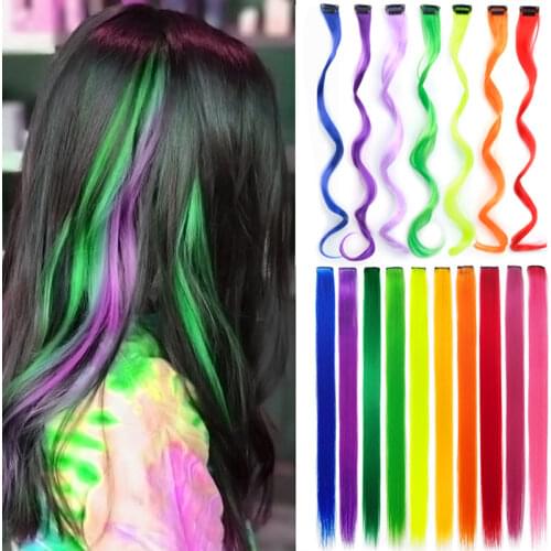 Long 20" Straight Rainbow Clip In Hair Fake Hairpieces Synthetic Clip-in One Piece For White Colored Fake Hair Extensions
