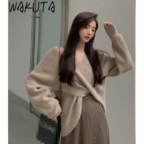 WAKUTA Autumn Winter Lazy Loose Outerwear Sweater Women 2021 New Fashion Elegant Deep V Neck Grey Khaki Elegant Knitted Pullover