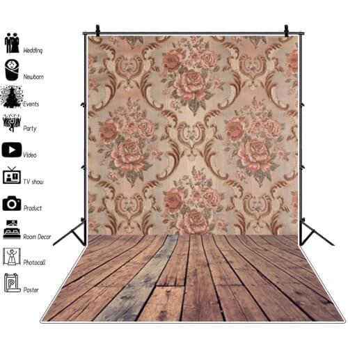 Vintage Damask Flowers Pattern Wall Wooden Floor Photography Backdrops Photozone Photo Backgrounds Baby Doll Portrait Photophone