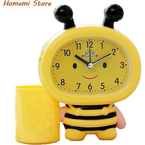 Mini Cute Animal Alarm Clock Electronic Round Number Double Bell Desk Table Digital Clock Pen Holder Home Decoration