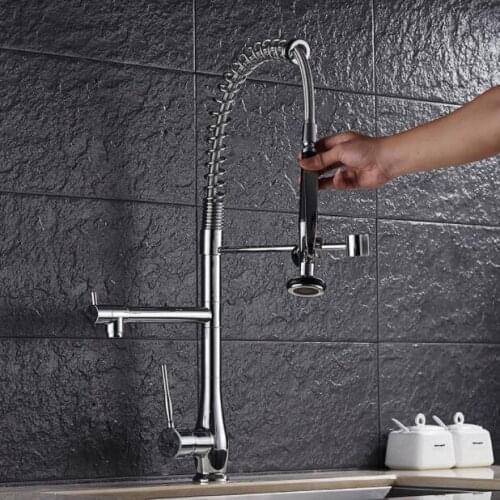 High quality Kitchen Faucet Chrome Brass hot and cold rotating spring kitchen faucet with special pull down shower head