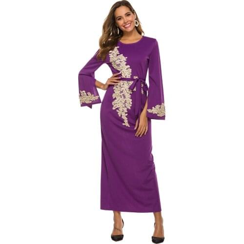 Elegant Embroidery Long Skirt Lace Nail Bead Trumpet Sleeve Lace Up Long Skirt Jalabiya for Women Muslim