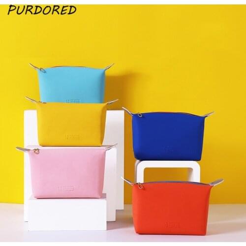 PURDORED 1 Pc Solid Color Women Cosmetic Bag PU Leather Dumpling Bag Travel Zipper Makeup Organizer Toiletry Bag Beauty Case