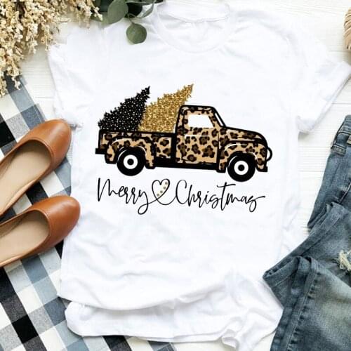 FIXSYS Women Lady Leopard Truck Tree Autumn Winter Merry Christmas Womens Clothes Female Graphic Casual Short Sleeve T-shirt
