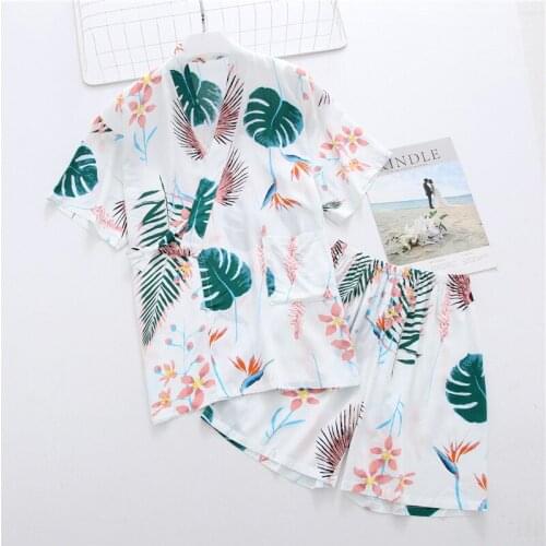 Pyjamas Women Summer Shorts Short Sleeve Sleepwear Cool Cotton Kimono Pajama Sets Leaves Prints Casual Home Service