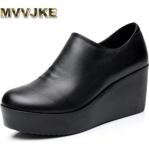 MVVJKE 2018 Wedges Women Shoe Spring Autumn Slip-On High Heels Round Toe Genuine Leather Casual Ladies Platform Shoes WomanE009