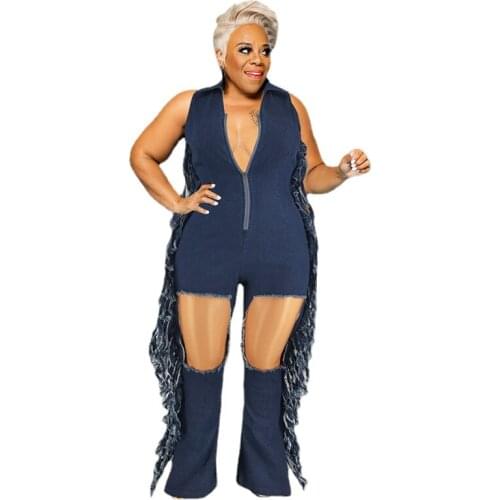 Plus Size Denim Blue Jumpsuit Women Tassel Hollow Out Deep V-neck Rompers Wide Leg Zipper Playsuit Oversized Femme 5XL