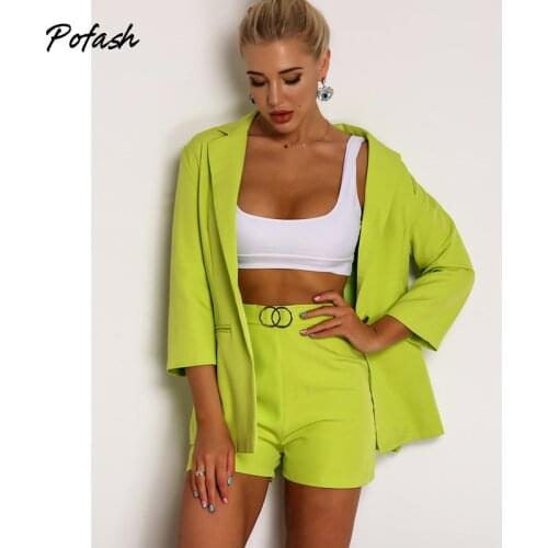 Pofash Blue Solid Work OL Two Pieces Outfits For Women Button Belt Casual Blazers Long Sleeves Spring Autumn 2 Piece Sets 2021